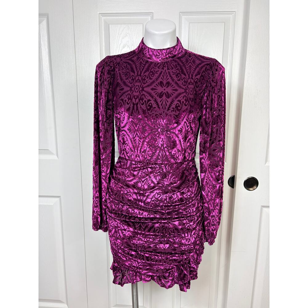 Vici High Neck Purple MIni Cocktail Dress Ruched Velvet Open Back Long Sleeve M - Picture 3 of 12